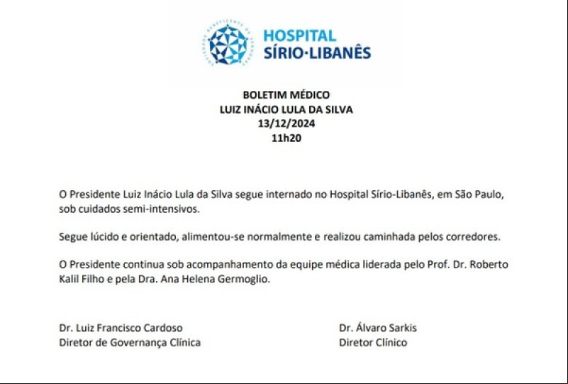 Lula sai da UTI, está consciente e segue com cuidados semi-intensivos, diz boletim médico - (Reprodução)
