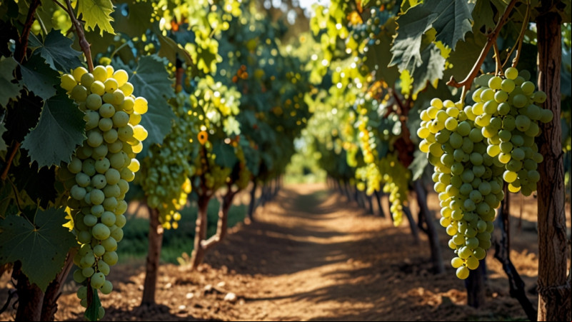 - (Um arranjo visual de cachos de uvas representando as principais castas da região)