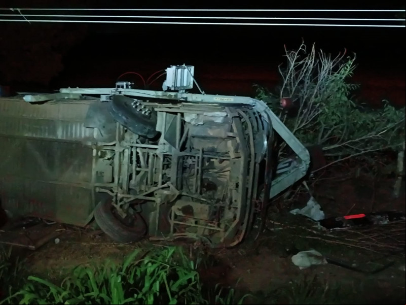 Ônibus tombou e colidiu com poste na BR-135 - (Reprodução/Whatsapp)