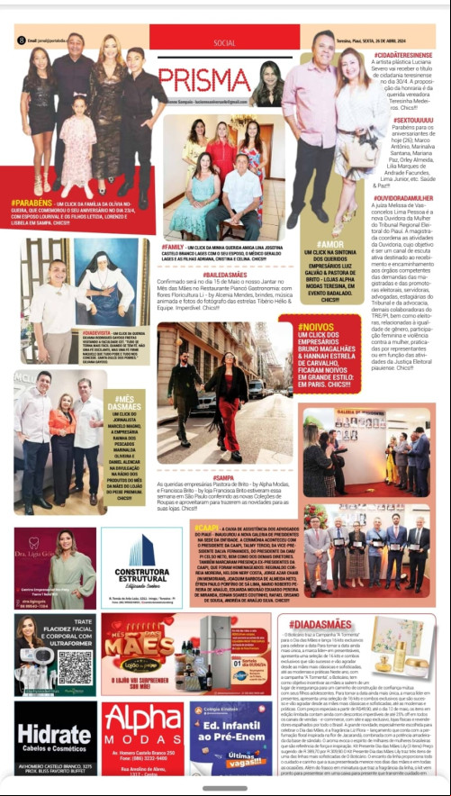 #PRISMA - Confira hoje (26) a nossa Coluna PRISMA no Jornal e Portal O DIA e as nossas Redes Sociais - Chics!!!🎉 - (Divulgação)