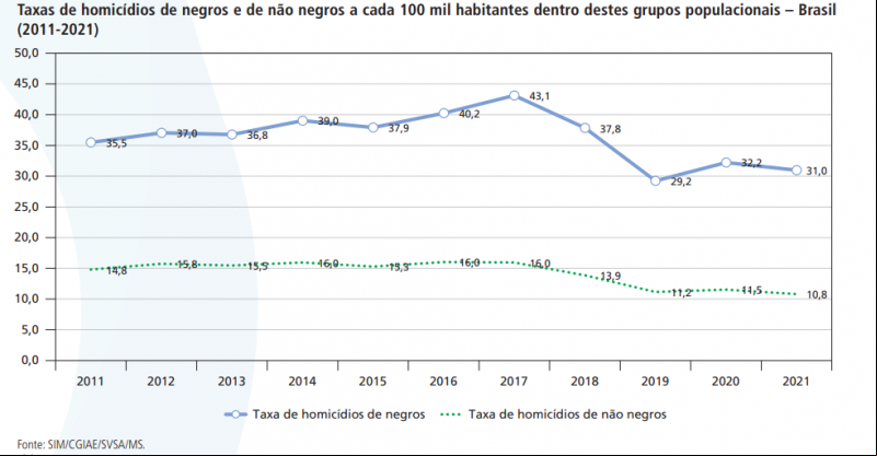 Gráfico mostra a taxa de homicídios de negros e de não negros - (Reprodução)