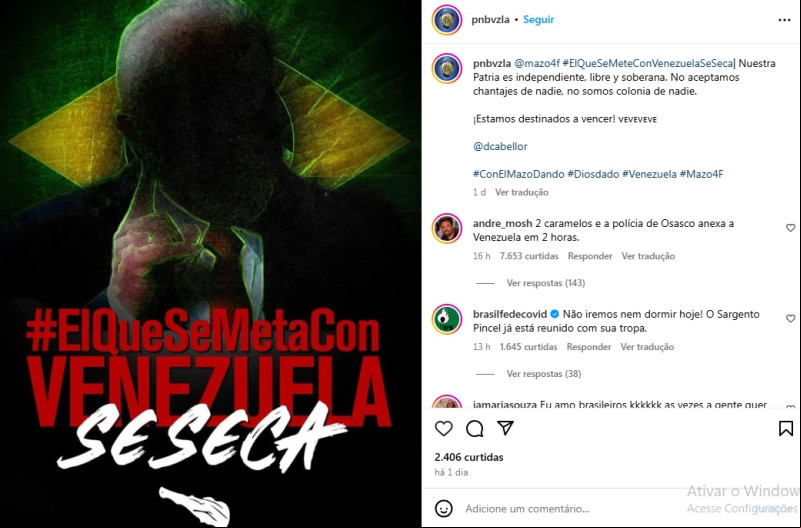 Em tom de ameaça, Venezuela faz postagem com a bandeira do Brasil