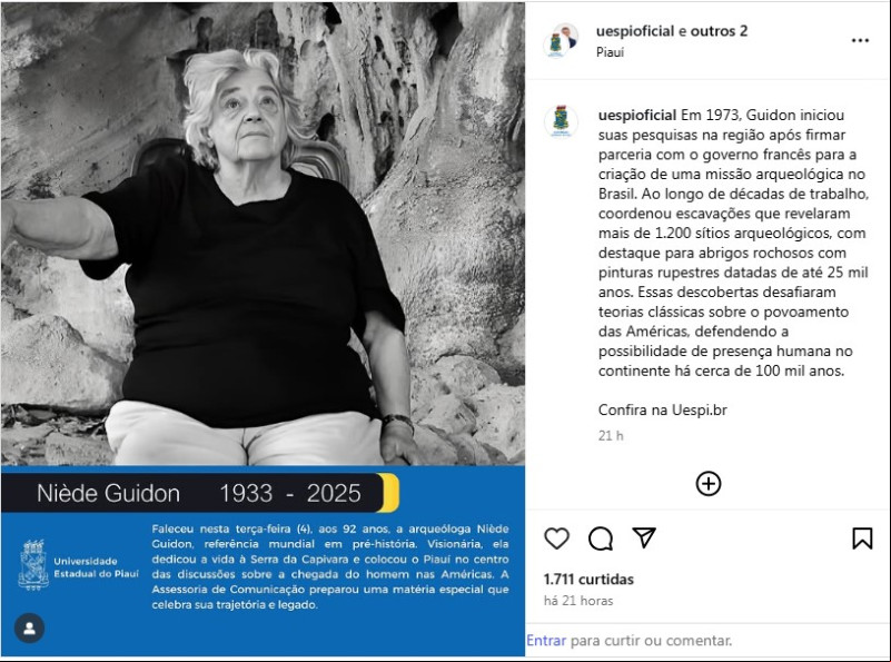 Universidade Estadual do Piauí, lamentou a morte da arqueóloga Niède Guidon. - (Reprodução)