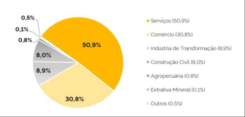 No cenário econômico brasileiro predominam as atividades do setor terciário da economia, relativas ao comércio e prestação de serviços. - (Mapa de Empresas )