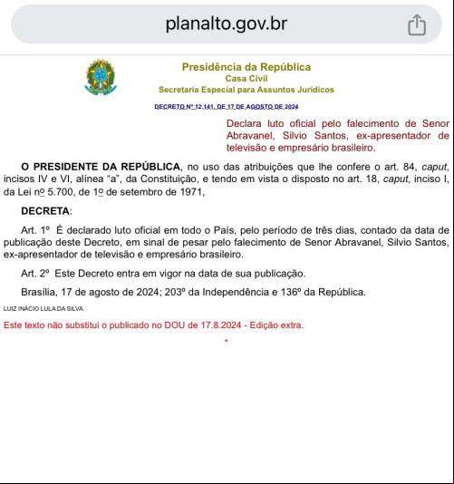 Luto oficial em alusão a morte de Silvio Santos - (Site Presidência da República )