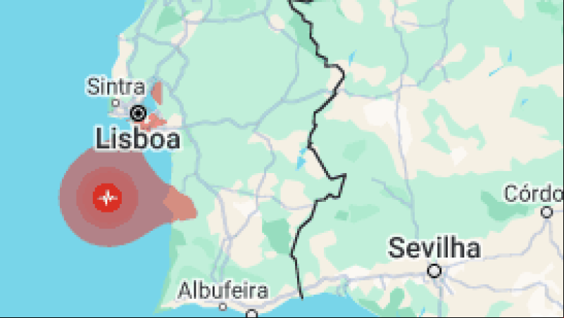 Terremoto de 5,4 atinge Portugal na madrugada desta segunda-feira (26) - (Fonte: U.S. Geological Survey)