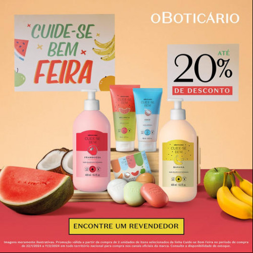 #OBototicário - Vem aí a feira mais cheirosa já vista! Cuide-se Bem, do Boticário, lança linha de cuidados corporais inspirada em aromas de frutas  Com portfólio repleto de fragrâncias, cores e texturas, o lançamento traz leveza e diversão em uma variedade de itens com fórmulas 100% veganas       CBEM_FEIRA_HUMANIZADA.jpg           Janeiro de 2024 – A feira é um lugar contagiante, que reúne aromas, cores e sensações em uma mistura que entrega o que há de melhor no Brasil: diversão e diversidade. Uma pesquisa realizada pelo IBGE em 2022 mostra que 44% dos brasileiros frequentam feiras livres pelo menos uma vez por semana; e outro estudo, realizado pelo Sebrae, no mesmo ano, indica que parte dos consumidores gostariam de ir à feira mais vezes, mas não têm tempo ou oportunidade. Sabendo dessa paixão brasileira e pensando em transformar as delícias das feiras em produtos incríveis para os consumidores, Cuide-se Bem – marca de corpo e banho do Boticário já conhecida pelos seus lançamentos icônicos – apresenta a expansão do portfólio da linha Cuide-se Bem Feira, com itens de autocuidado com o cheirinho delicioso de fruta, para os consumidores terem uma feira completa quando e onde quiserem.     Com diversas opções de fragrâncias, cores e texturas para desfrutar as vantagens e delícias de uma feira superdivertida a qualquer dia, a nova linha conta com um amplo portfólio que inclui 23 itens, inspirados em oito frutas: banana, maçã-verde, framboesa, melancia, coco, maracujá, morango e tangerina. Os produtos, além de serem inspirados nos aromas dos alimentos, também reforçam o compromisso da marca com a sustentabilidade de itens 100% veganos, cruelty free e compostos por mais de 90% de ingredientes naturais.     “Em 2022, fizemos o primeiro lançamento de Cuide-se Bem Feira, que contava com um portfólio focado em cuidados capilares e foi sucesso de vendas, superando em 186% as expectativas para o período. O sucesso foi tanto que a comunidade de lovers da marca ou a pedir por uma variedade maior de produtos e olfativos da linha. A resposta a esse pedido vem agora: expandimos o portfólio oferecendo itens de cuidado para todo o corpo em um movimento que representa mais do que o lançamento de uma nova linha, mas sim uma experiência em cores, texturas e fragrâncias que levam a variedade da feira livre para a rotina de cuidados do consumidor”, comenta Bruna Nunes, diretora da categoria Corpo & Banho do Grupo Boticário.      E, para aproveitar uma feira deliciosa de aromas e o auge da multissensorialidade, o lançamento traz produtos de cuidados corporal e facial, cabelos, banho, maquiagem e perfumação. A começar pela queridinha Loção Desodorante Hidratante da marca – de 400 ml e 200 ml – com cheirinhos deliciosos de banana, framboesa e maçã-verde, que traz textura cremosa e 48 horas de hidratação; e o Creme Hidratante para Mãos, ótimo para deixar no nécessaire e ser usado ao longo do dia, com fragrância de maracujá e textura de gel-creme refrescante que não fica pegajosa. Já o Body Splash Corporal oferece aroma fresco e delicioso de maracujá.  Para o momento do banho, o Sabonete Líquido Corporal com extrato de melancia faz uma espuma macia e limpa suavemente sem ressecar a pele; o Creme Esfoliante Corporal com casca de coco hidrata intensamente e esfolia efetivamente sem agredir a pele; enquanto o Sabonete Barra, em kits de duas (maracujá) e quatro unidades (sortidas) de 80 g, formam uma espuma cremosa, que entrega um sensorial de pele macia e aveludada.  Para os cabelos, os itens vêm para completar o portfólio lançado em 2022, com o Shampoo de Vinagre de Framboesa, que limpa os fios equilibrando o excesso de oleosidade da raiz, sem deixar asperezas, para cabelos leves, mais brilhantes e macios; o Condicionador Mel, que repõe os nutrientes, promove hidratação imediata e garante fios macios, com brilho saudável e menos frizz; e o Creme de Pentear Babosa, que promove desembaraço imediato e aumenta o brilho dos fios. Sua fórmula leve hidrata e forma um filme protetor no cabelo, garantindo maciez, proteção e melhora das pontas duplas. Cabelos protegidos, reparados e com aspecto saudável.  Já para os cuidados faciais, o Esfoliante Facial Morango elimina células mortas e reduz a aparência de cravos e poros, e o Gel de Limpeza Tangerina promove uma limpeza suave removendo impurezas e o excesso de oleosidade. O Hidratante Cremoso de Banana é indicado para peles especialmente secas e equilibradas, hidrata por 48 horas e deixa a pele macia e revitalizada, enquanto o Gel Hidratante Refrescante de Maçã Verde é adequado para as peles mistas e oleosas, hidrata sem pesar e controla a oleosidade com efeito mate. Por fim, a Máscara Noturna de Melancia renova e melhora a textura da pele durante o sono para uma pele lisinha, radiante e com aparência saudável pela manhã.     Há ainda os itens de make, como o Balm Labial, disponível nos aromas de banana, framboesa e melancia, com tecnologia pH tint, que proporciona um efeito “coradinho” nos lábios dependendo do pH da pele, e sua fórmula contém vitaminas E e B5 e ativos hidratantes. O Lápis Duo Multifuncional tem fórmula multifuncional que pode ser usada nos olhos, rosto e corpo e dois acabamentos: verde cintilante e branco opaco, com textura ultramacia que garante traço preciso e duração de até 7 horas.     Para levar todos os itens da linha com segurança e estilo aonde for, o nécessaire de melancia e a bag de banana e melancia são apostas certeiras.     Os itens são encontrados em todas as lojas físicas e no e-commerce da marca, no link www.boticario.com.br, além do aplicativo Boticário, disponível para as versões Android e iOS. Também é possível fazer pedidos via WhatsApp pelo número 0800 744 0010 – número oficial e seguro – diretamente na plataforma do dispositivo. Basta o cliente contatar a marca por esse número para verificar a disponibilidade na região dele. Há ainda a opção de contatar um revendedor da marca pelo endereço boticario.com.br/encontre. Chics!!! - (Divulgação)